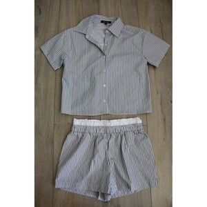 New Look Women's Grey White Striped Pajama Lounge Set Short Sleeve Shorts Small